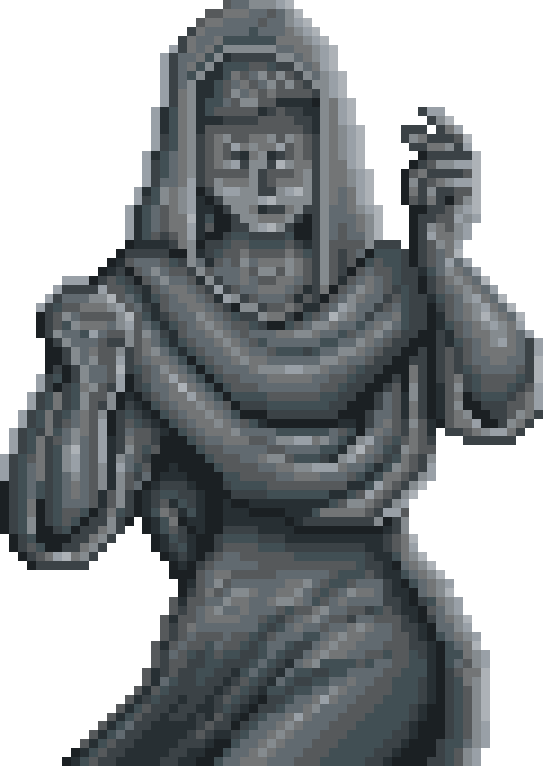 A hooded stone oracle, one hand raised